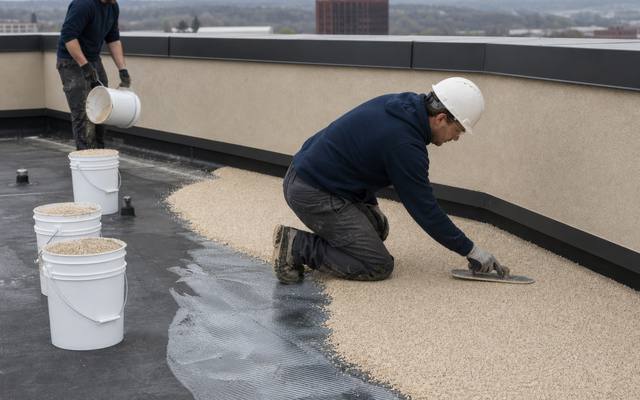 Installer spreading tan rubber surfacing across a rooftop terrace.