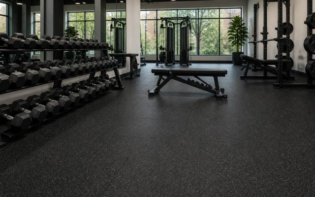 Seamless black rubber surfacing on a fitness studio floor beside weight racks.